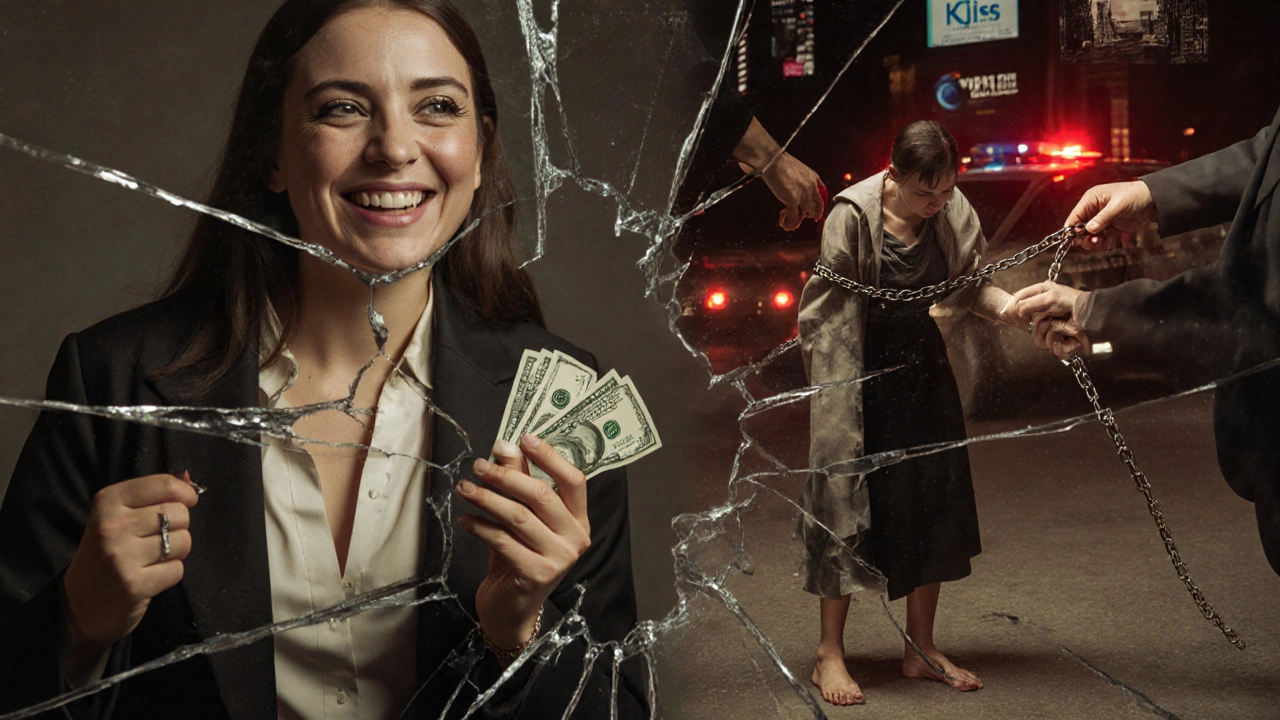 A broken mirror shows a woman’s dual reality: smiling in luxury and trapped in chains.