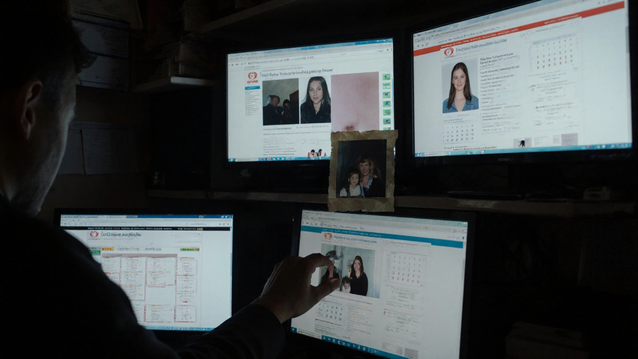 A cluttered office with multiple screens displaying escort websites and a faded family photo.