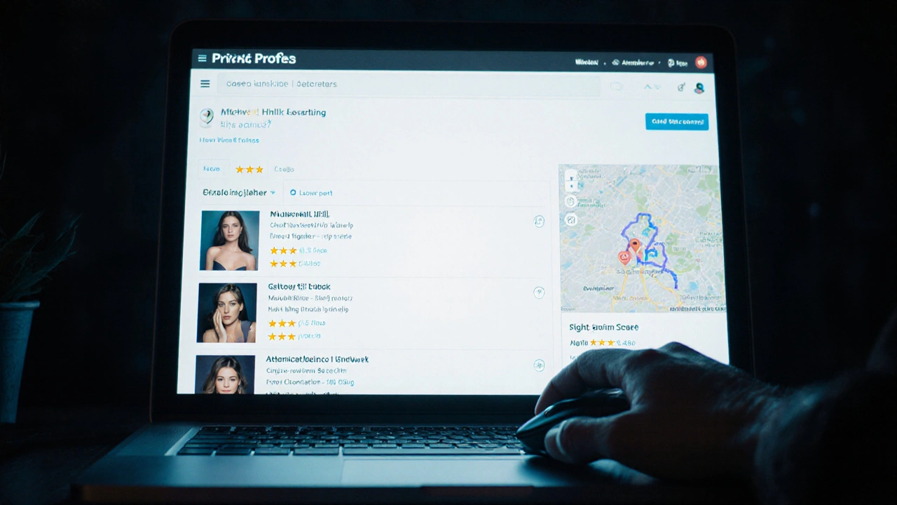A hand hesitates over a laptop displaying verified escort profiles with location tags and reviews.