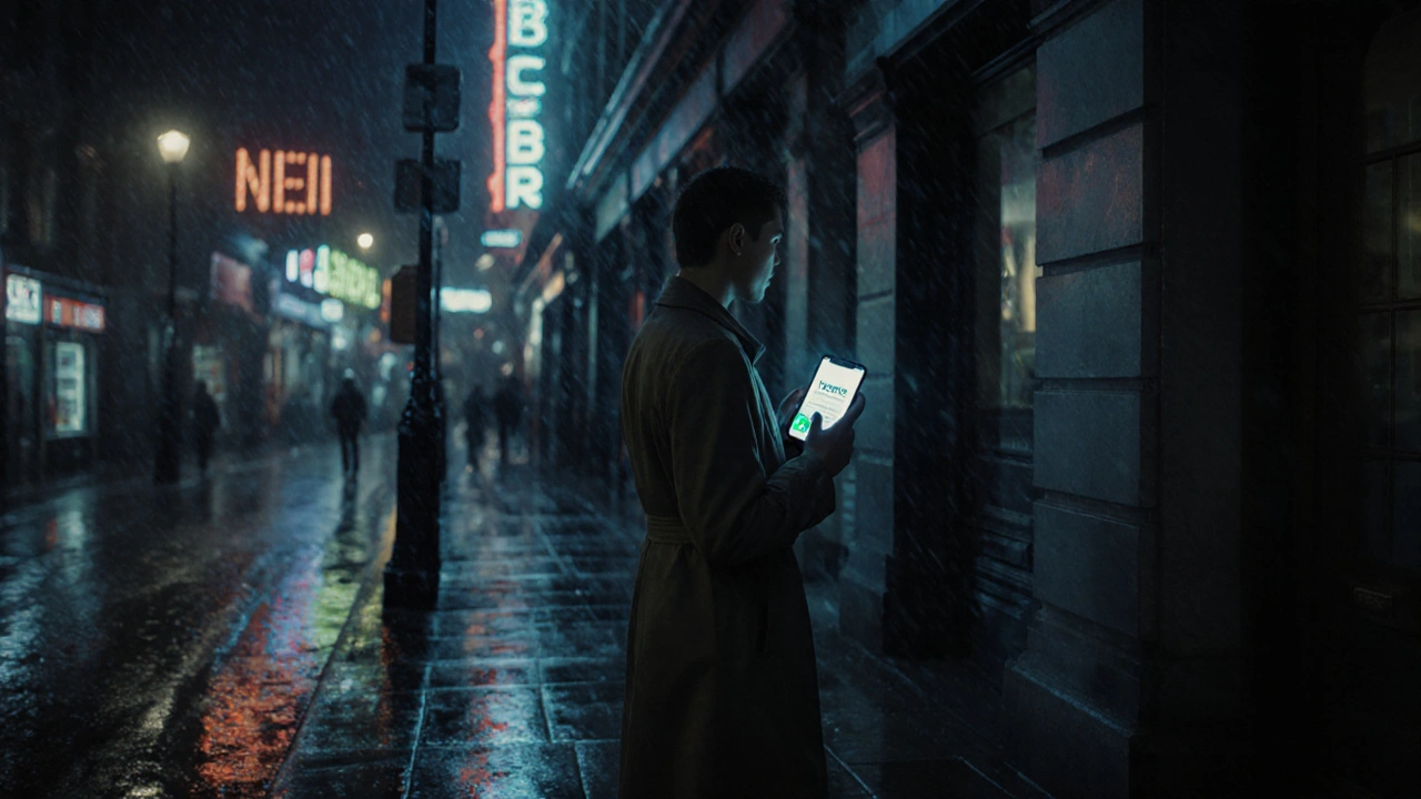 A man hesitating outside a dark building in rainy London at night, holding a phone with a blocked message, cinematic noir atmosphere.