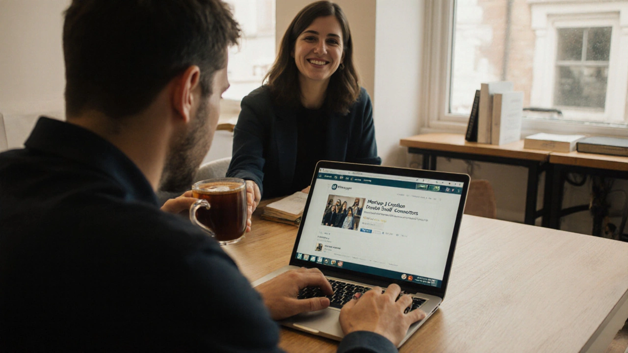A man in a quiet co-working space in London, looking at a social meetup event on his laptop, suggesting connection over transaction.