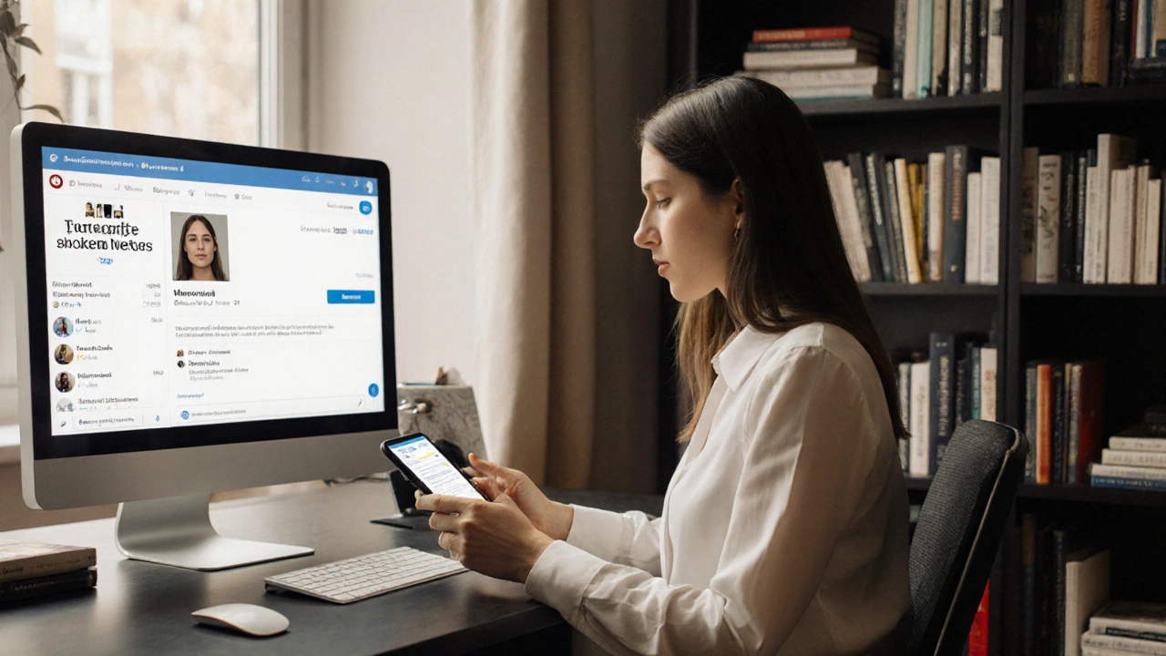 A professional woman reviewing client messages on a verified escort directory in a calm, well-lit London apartment.