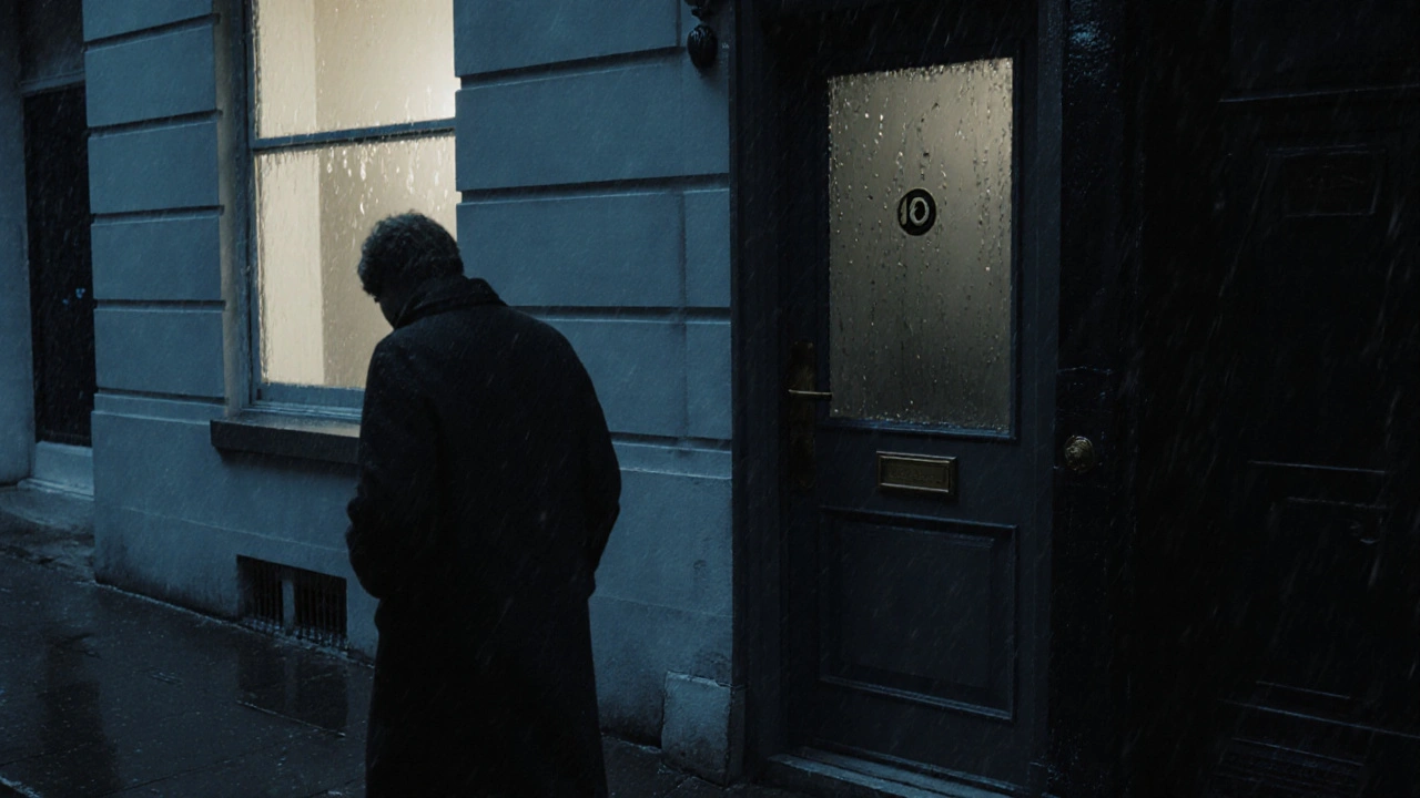 A solitary person walking at dusk past a discreet studio door in Canary Wharf, London.