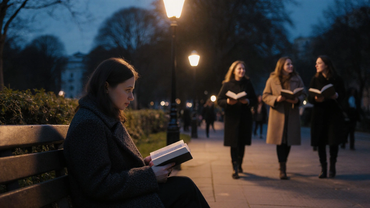 A woman reading alone on a park bench in Notting Hill, others walking by with books.