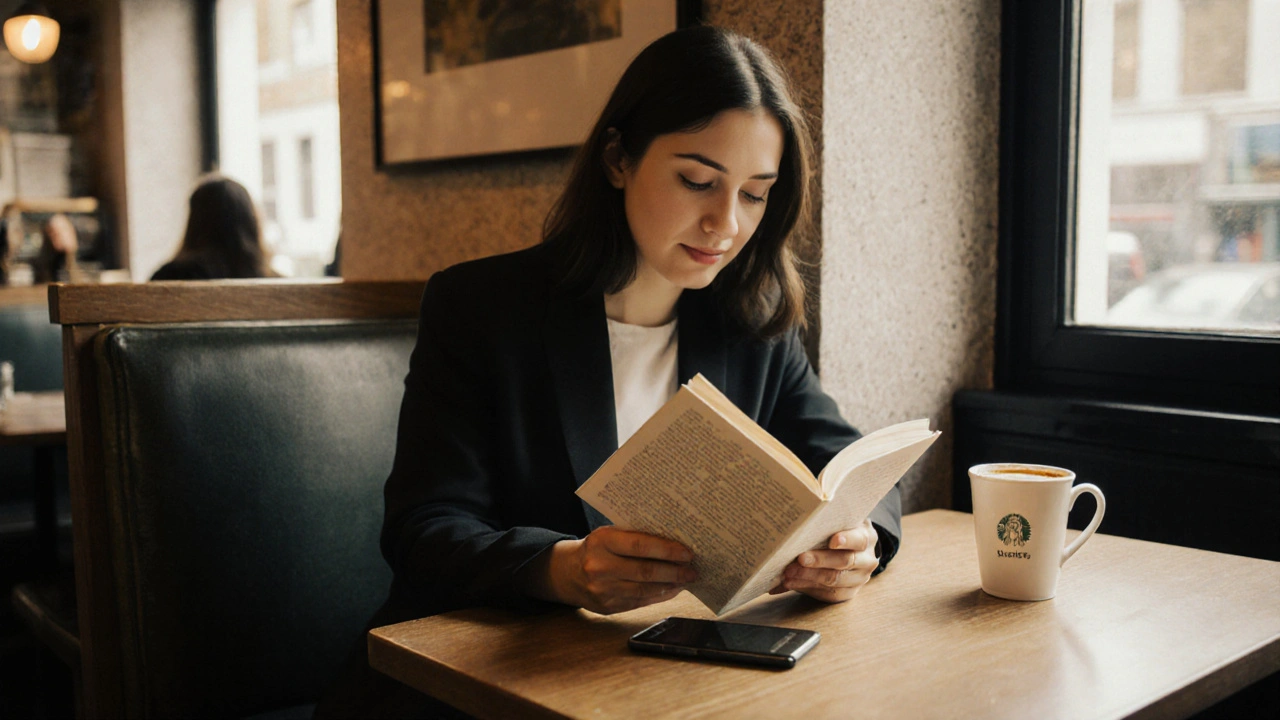 A woman reads quietly in a Hampstead café, sunlight casting soft shadows across her book and coffee.