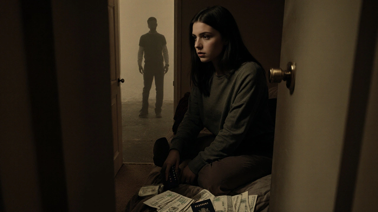 A woman sits alone in a dim room, her passport and bills scattered, a shadow looms nearby.