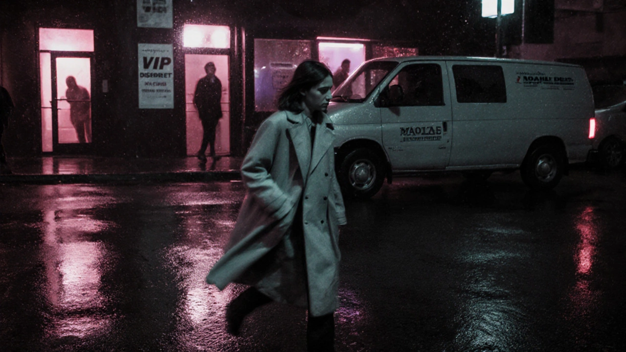 A young woman walks alone at night under flickering streetlights, watched by unseen figures.