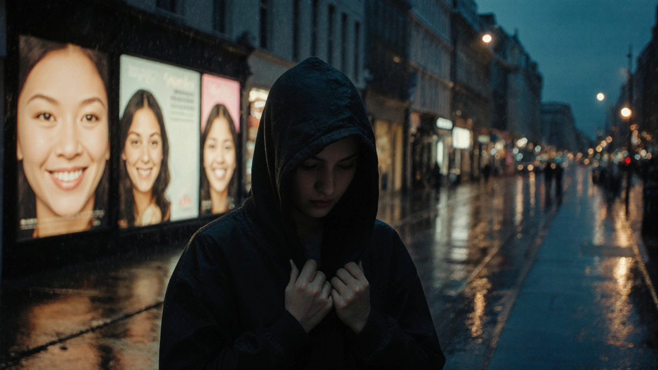 An Asian woman walking alone in the rain through a dimly lit London street at dusk.
