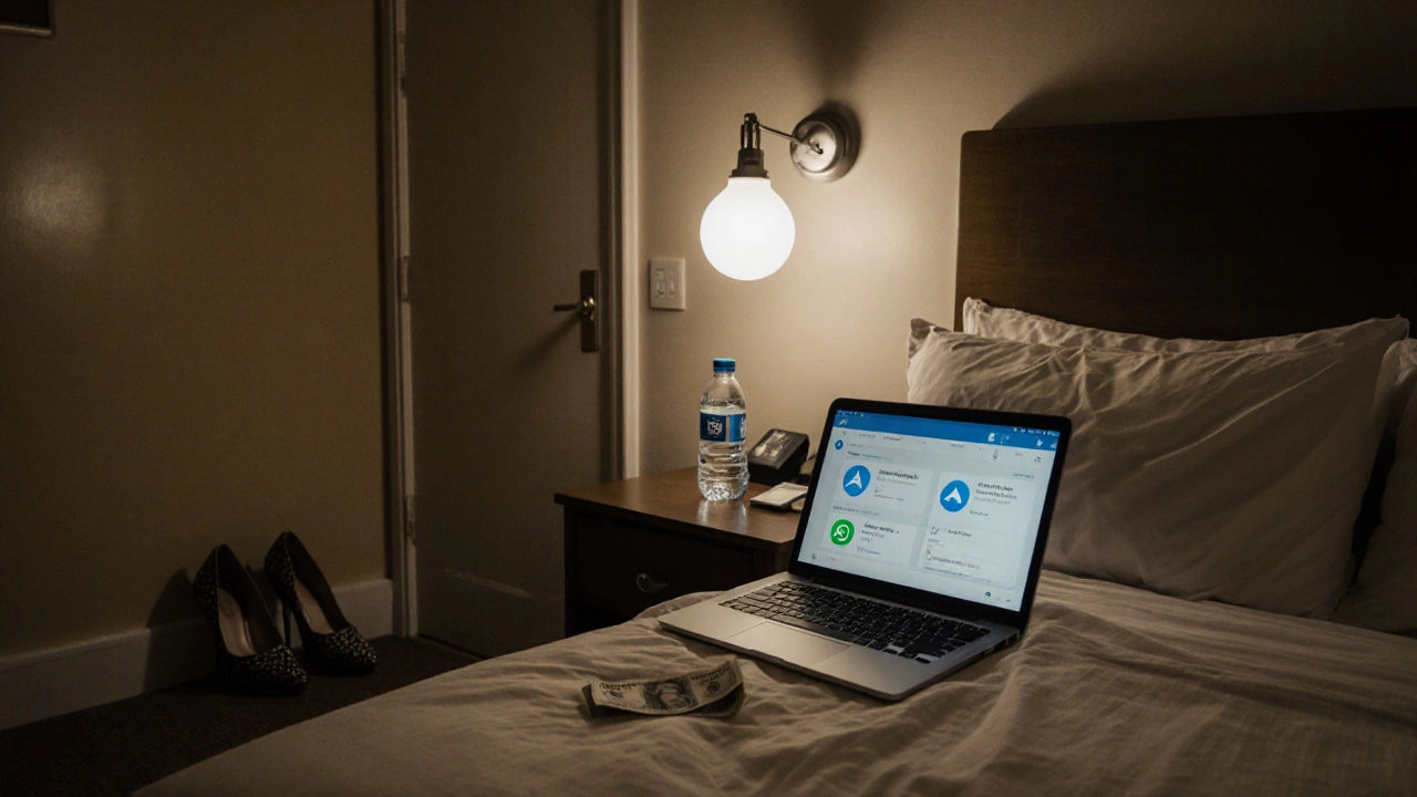 An empty hotel room with a smartphone, money, and high heels left behind, conveying isolation.