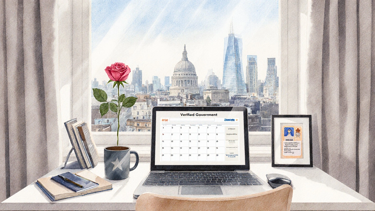 An escort&#039;s tidy workspace in a London flat with ID, calendar, and rose by the window.