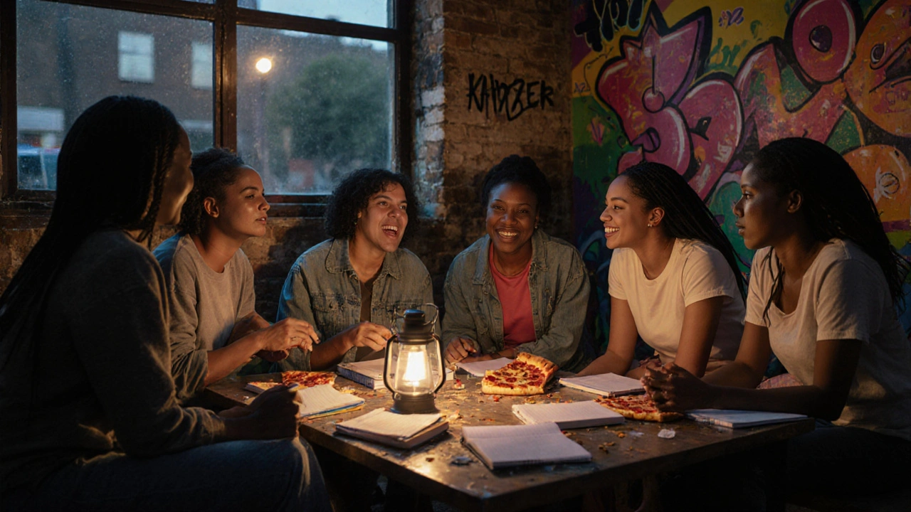 Diverse group of women laughing together at a book club meeting in Peckham, pizza on the table.
