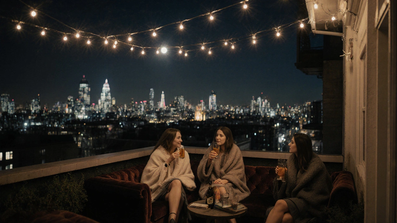 Friends relaxing on a hidden rooftop at night with fairy lights and London skyline behind them.