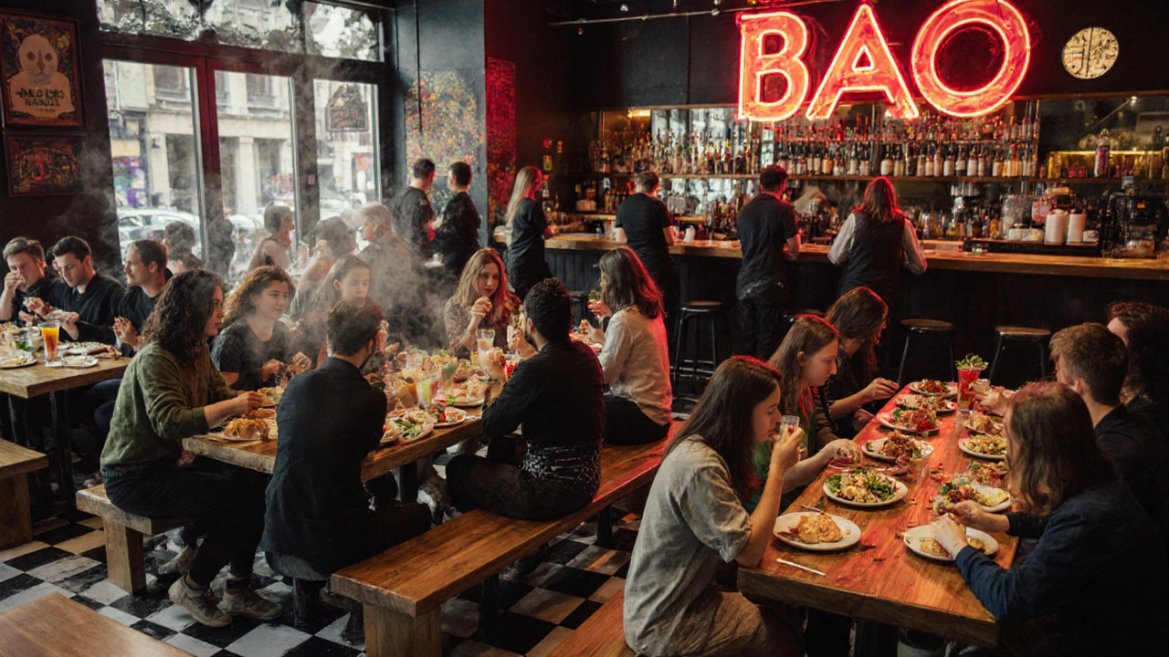 Friends sharing steamed bao buns and colorful Asian snacks in a lively, neon-lit eatery with steam rising from food.