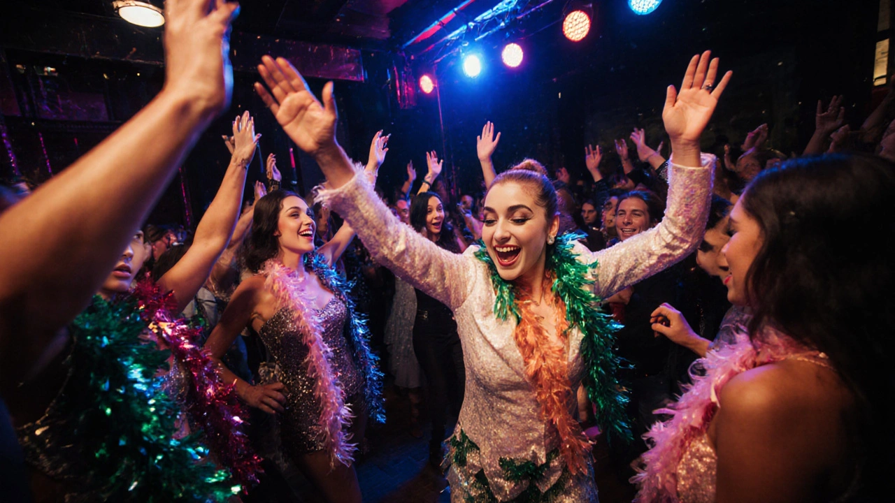 Group of women dancing under neon lights and feather boas in a lively Soho venue.