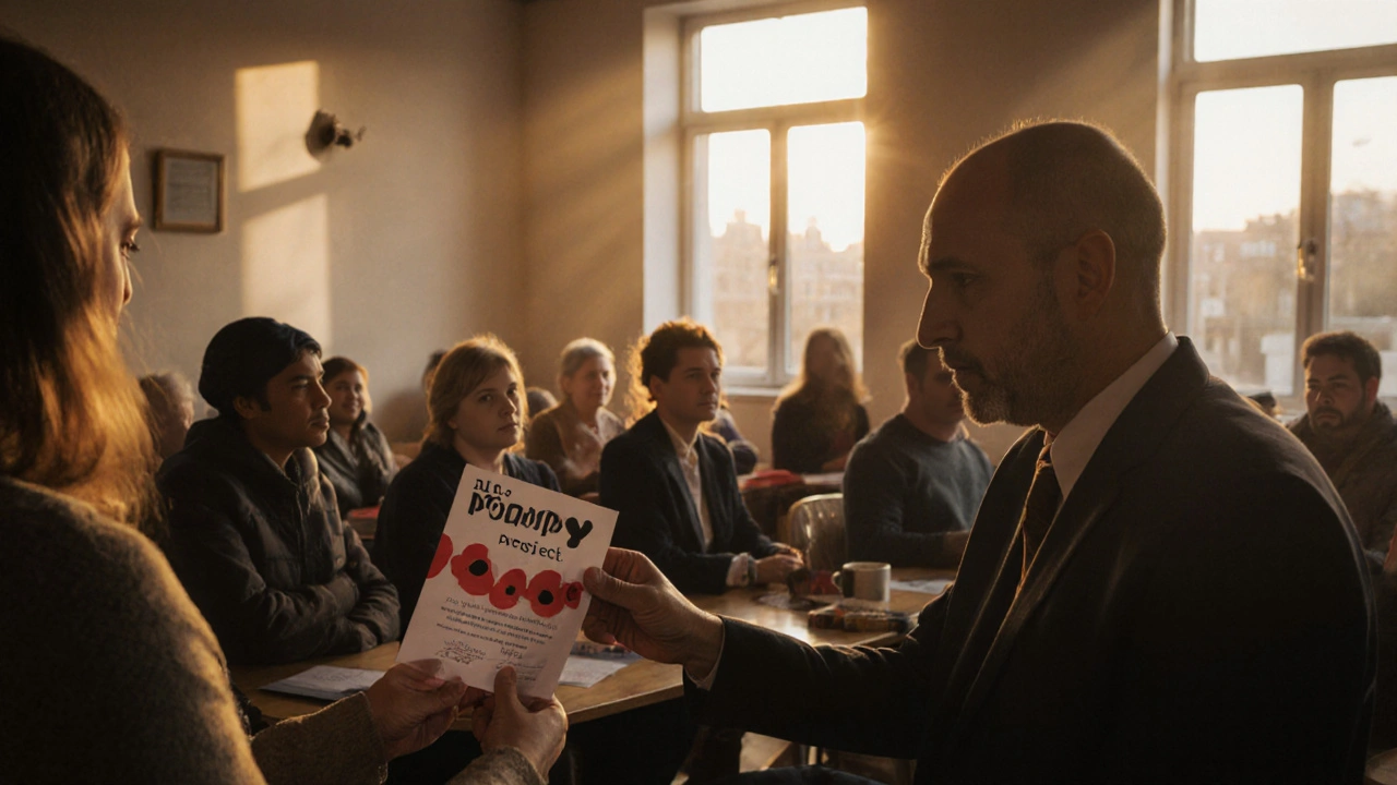People gather in a warm community center, receiving support and information about escaping exploitation.