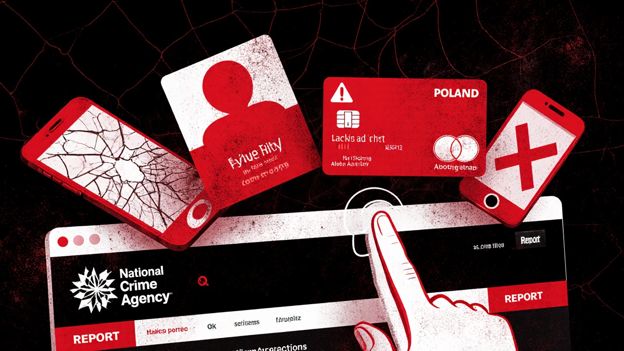 Red warning symbols floating above a dark web interface as someone reports illegal activity to UK authorities.