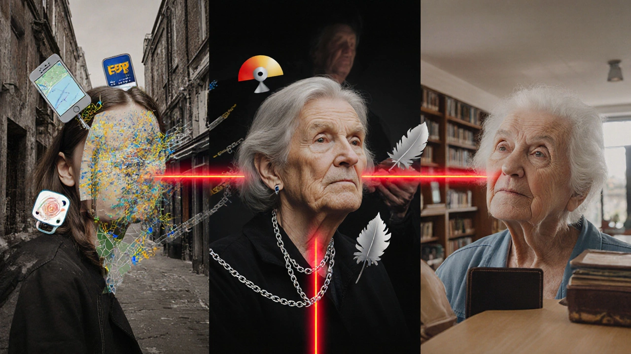 Three women&#039;s faces intertwined with maps, apps, and chains, symbolizing exploitation and hope.