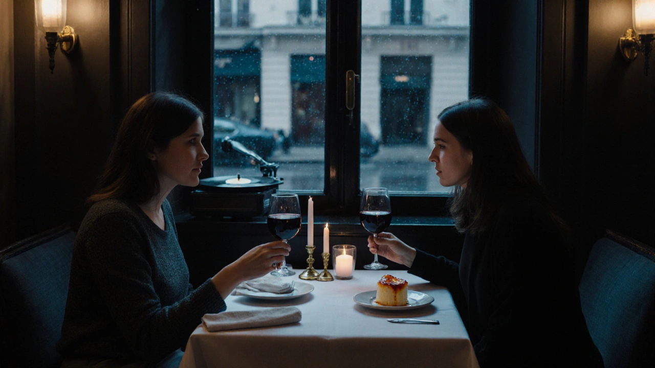 Two women enjoying dessert by a window at a quiet French bistro, soft light and rain outside creating a peaceful mood.