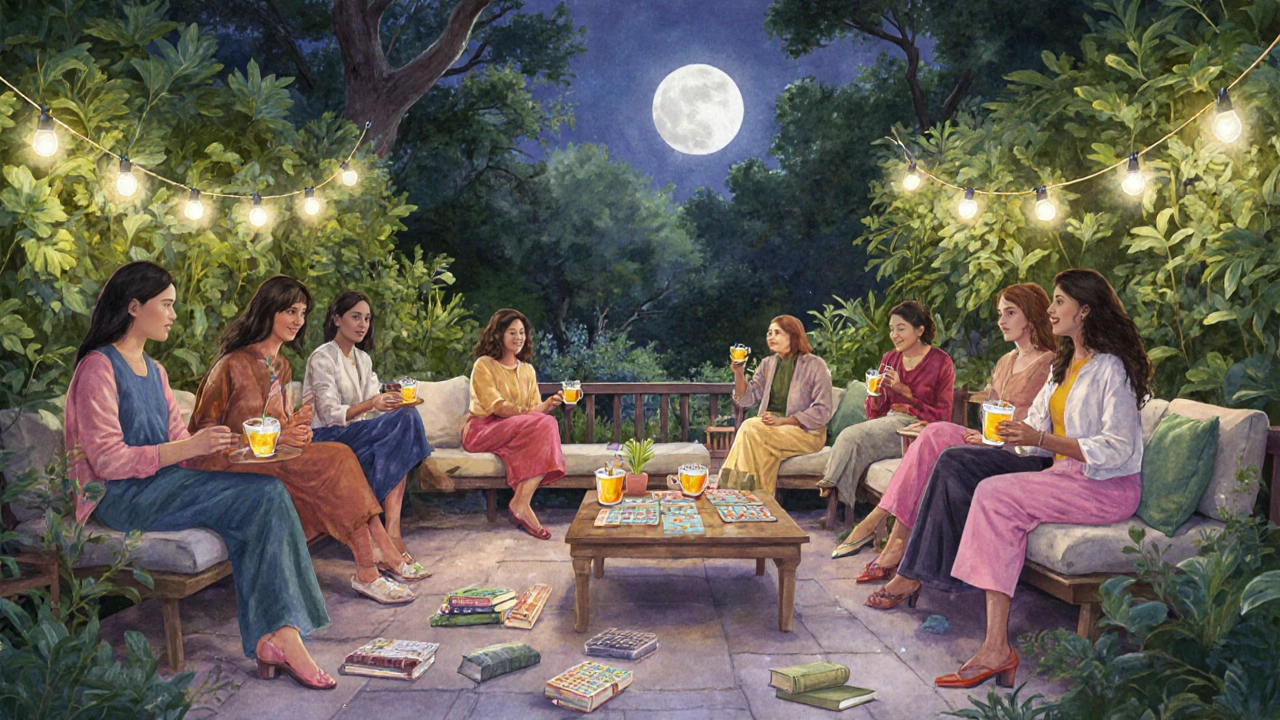 Women relaxing in a garden terrace with herbal teas and board games, fairy lights, no alcohol, peaceful night setting.