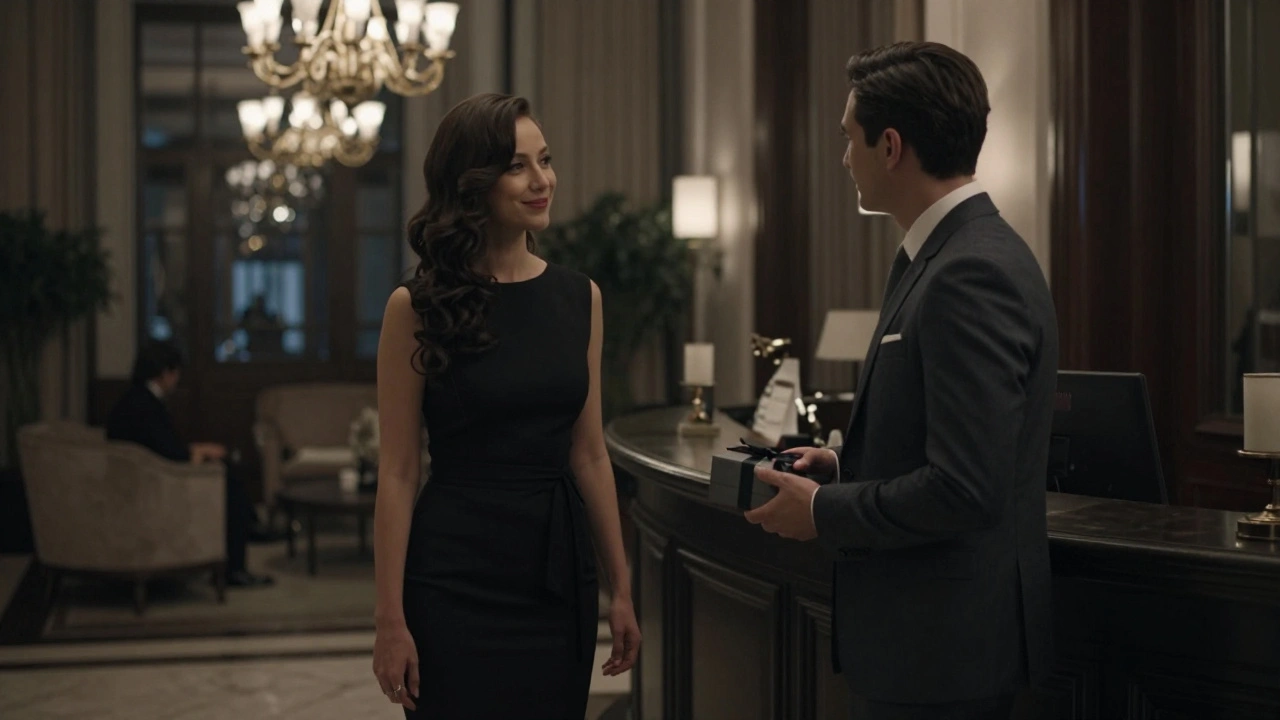 A discreet meeting in a luxury hotel lobby, two figures exchanging a polite greeting.