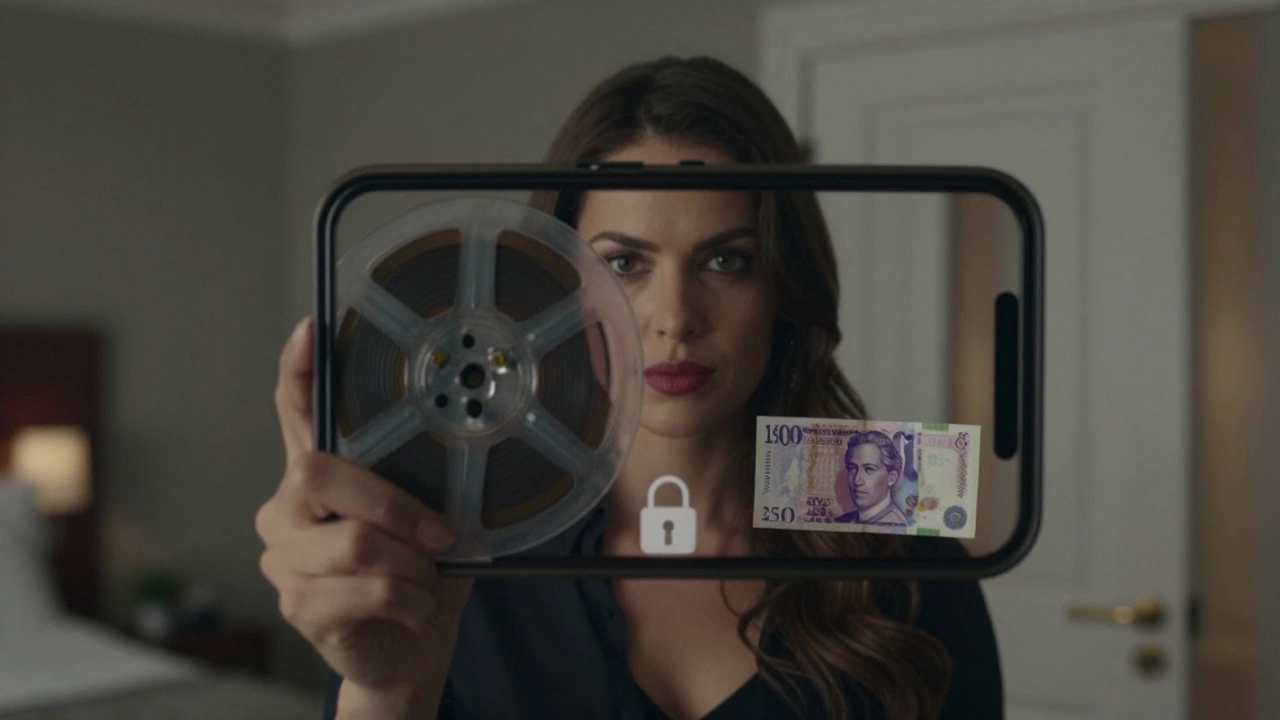 A double-exposure image blending a film reel and smartphone screen, with symbolic elements of escort work and privacy.