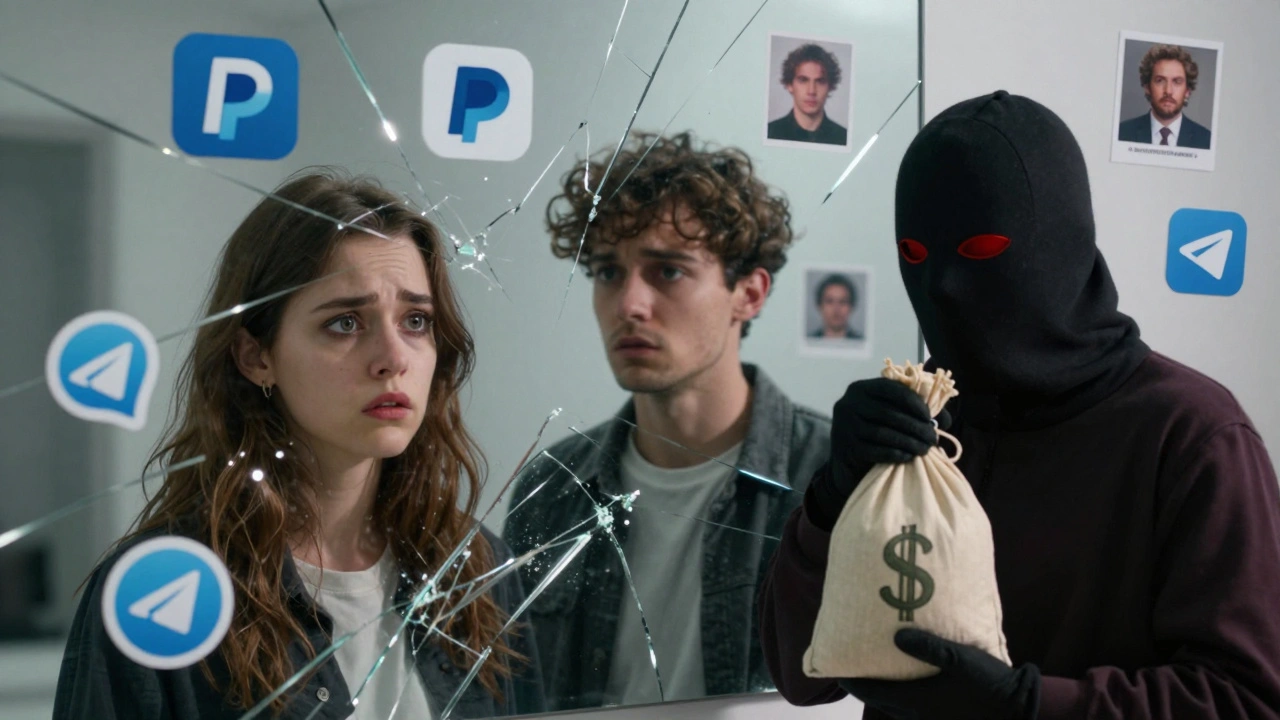 A fractured mirror reflecting a trapped woman, a guilty man, and a masked profit-seeker amid digital symbols of online scams.