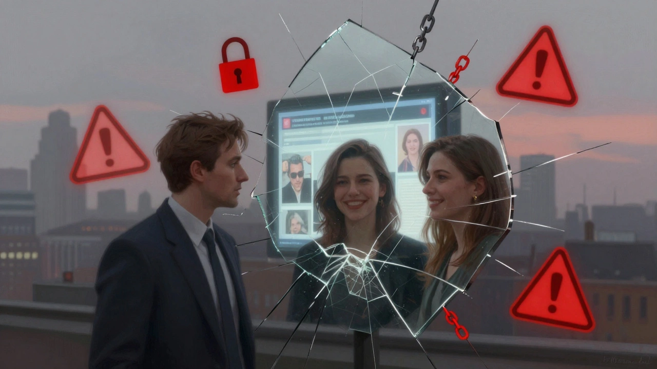 A fractured mirror reflecting loneliness, a service ad, and warning symbols against a foggy city skyline.