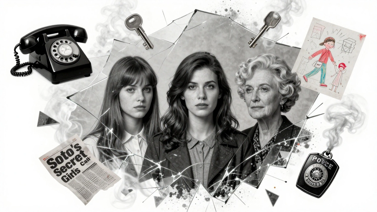 A fractured mirror shows three stages of a woman's life surrounded by symbols of her hidden past in 1980s London.