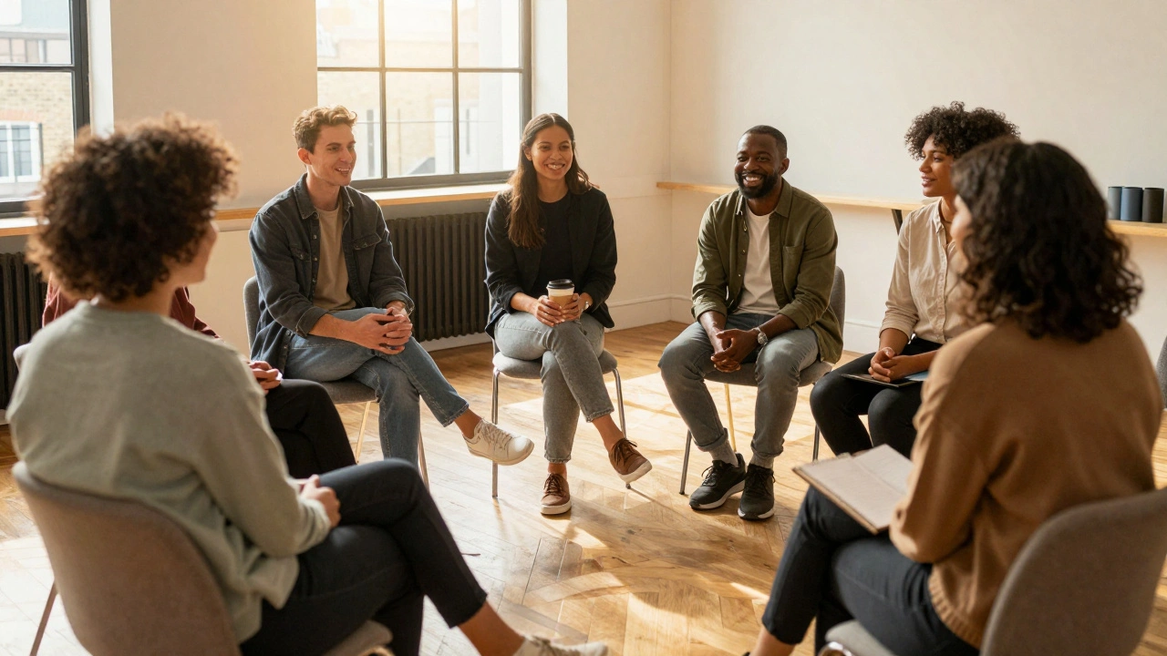 A group of people in a warm community center sharing a quiet, supportive conversation during the day.