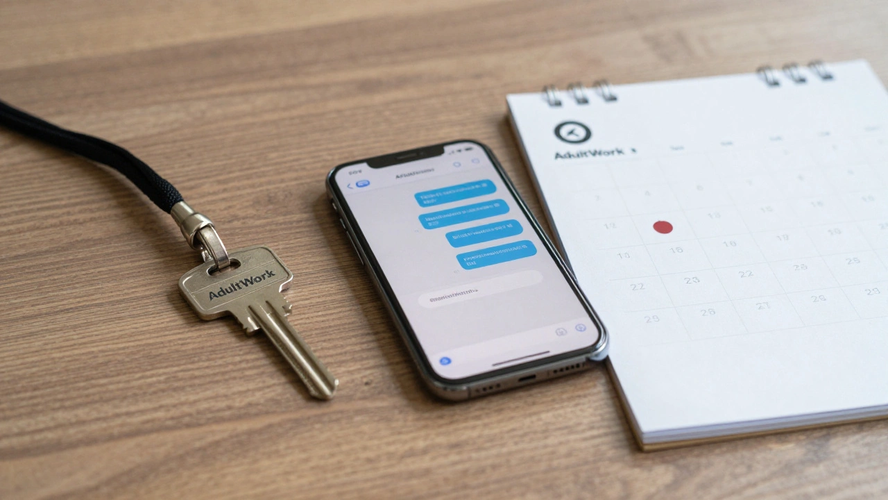 A key and verified badge on a table with an encrypted phone, representing secure, independent escort work in London.