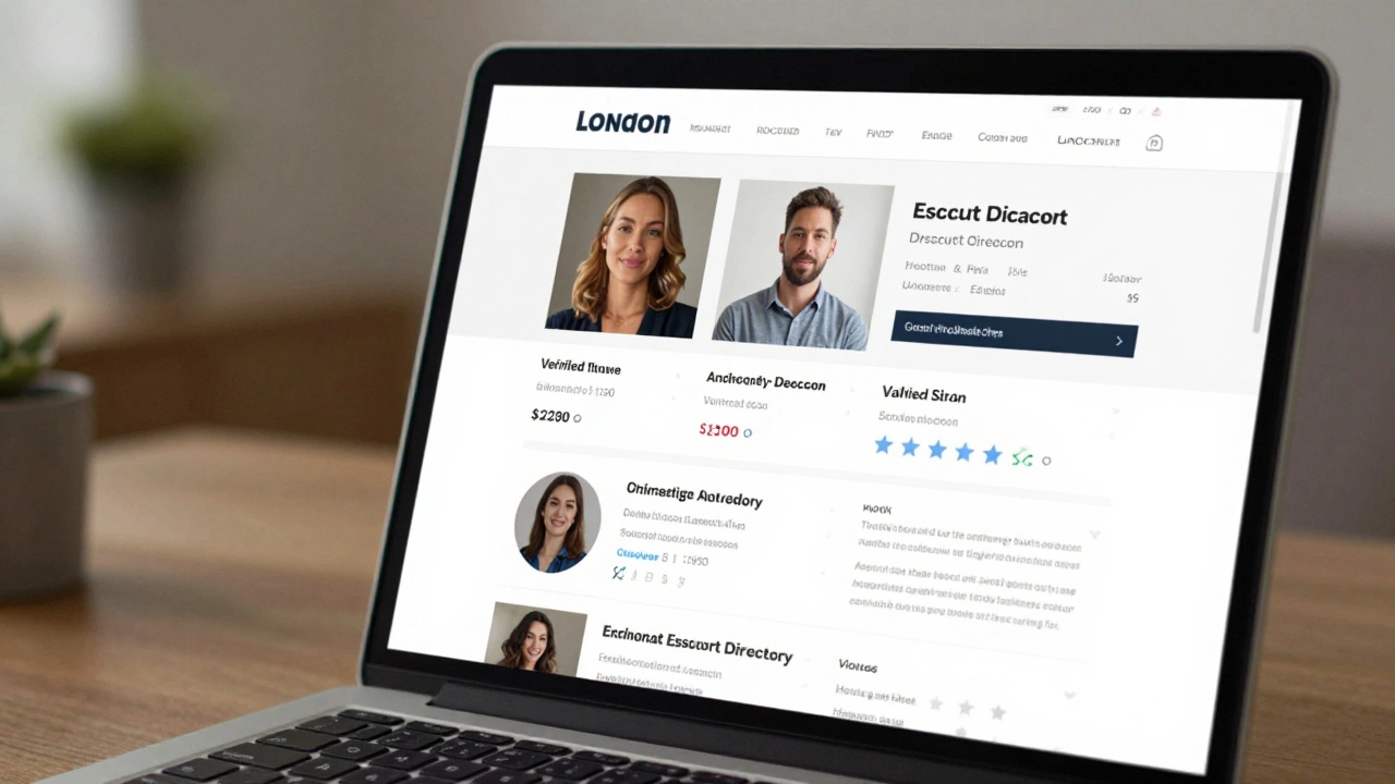 A laptop displaying a professional escort directory with verified profiles and pricing, softly lit in a quiet room.