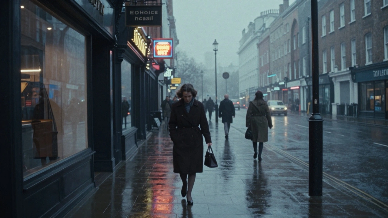 A lone woman walks alone on a rainy London street at dusk, head down, reflections of neon signs on wet pavement.