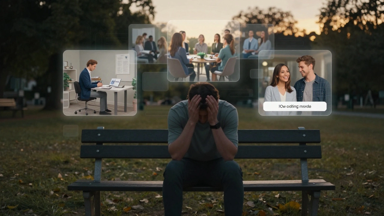 A lonely man on a park bench surrounded by floating images of healthy alternatives like therapy, community groups, and dating apps.