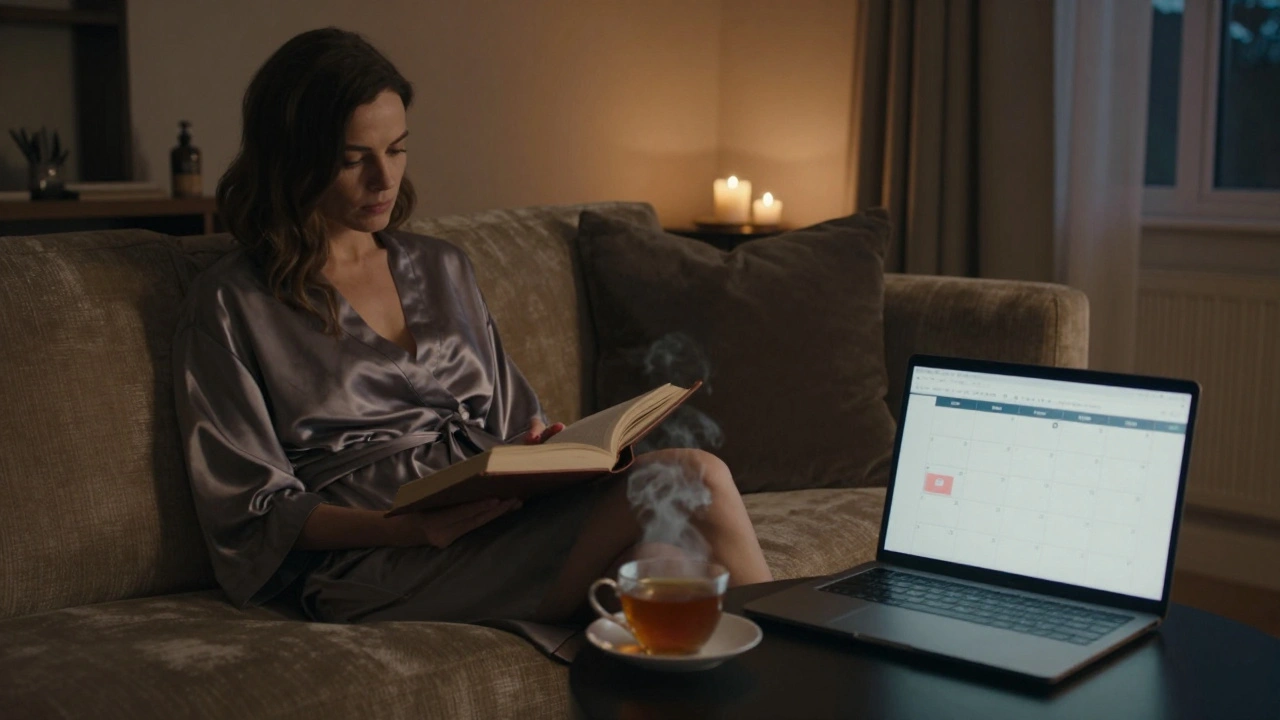 A luxury escort in a Belgravia apartment, reading quietly with tea and a calendar showing limited bookings.