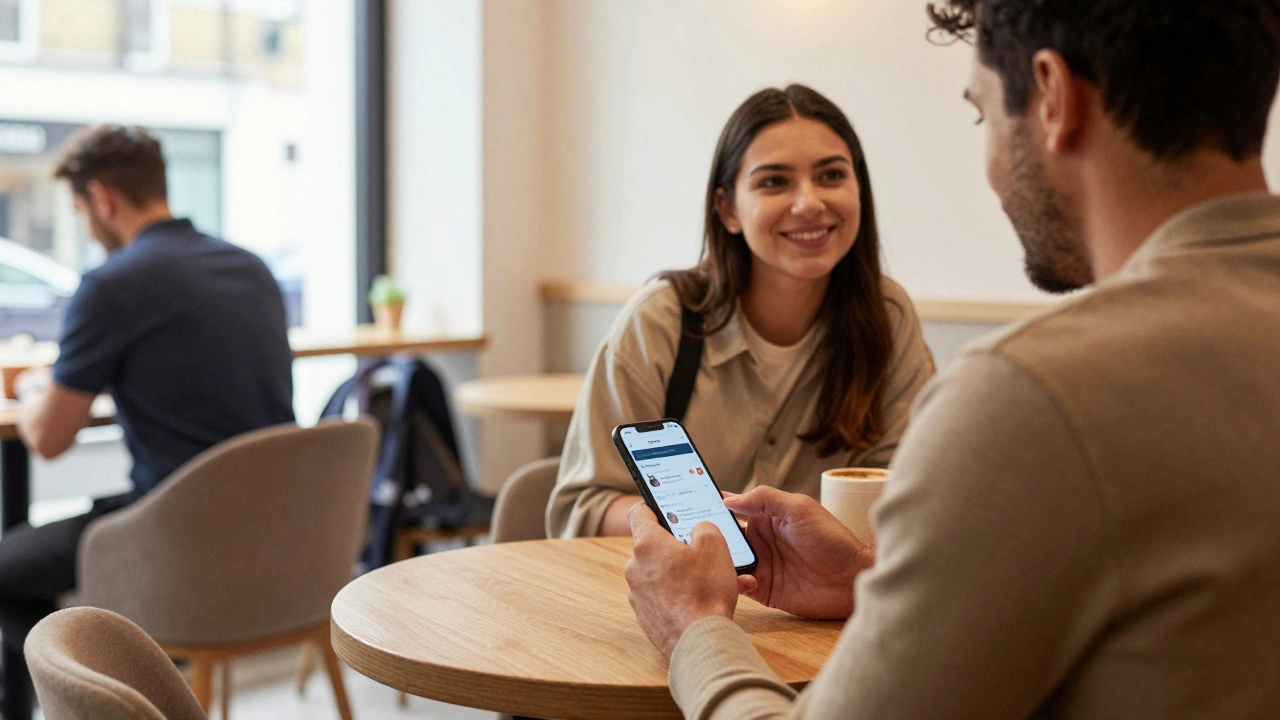 A man in a London café reviewing a verified adult services platform while another person shares a quiet moment with a friend.