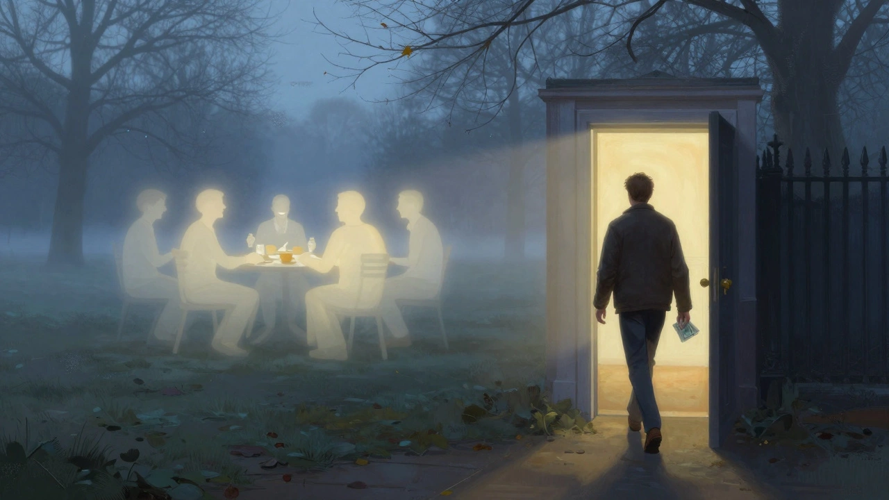 A man walks away from a shadowy doorway in a misty park, with faint glowing images of human connection behind him.
