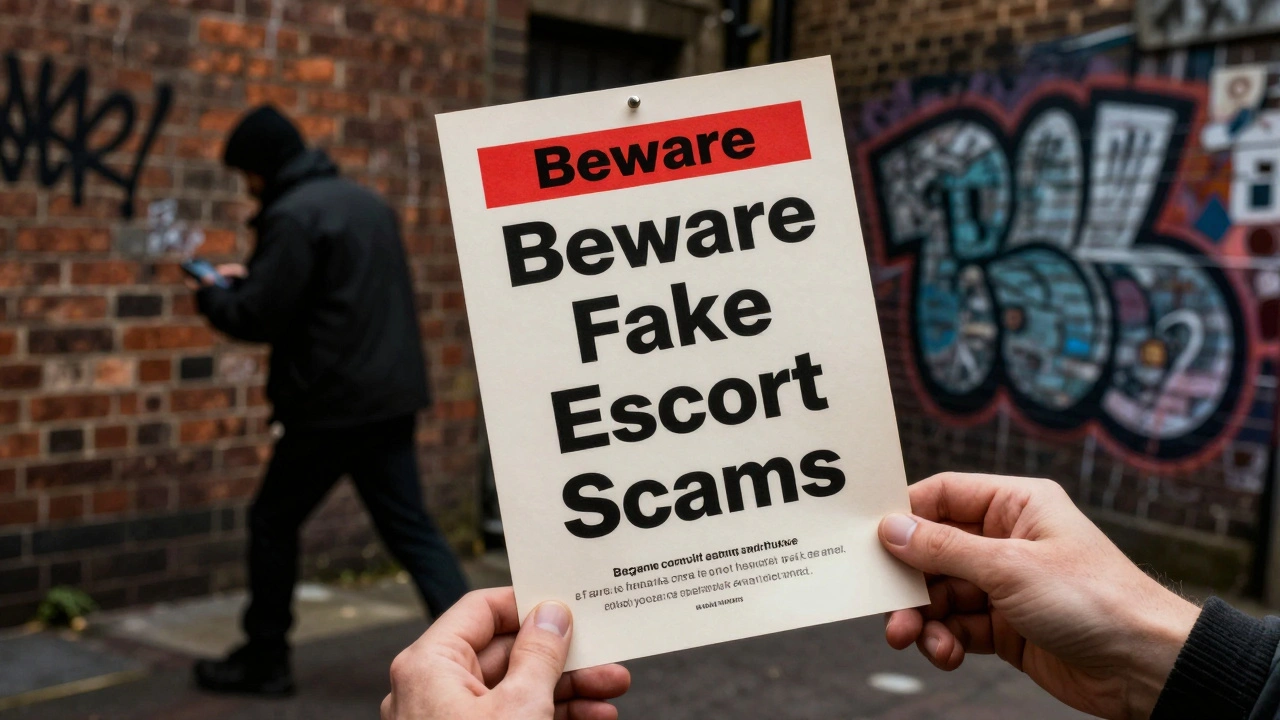 A police warning flyer against escort scams pinned to a London alley wall.