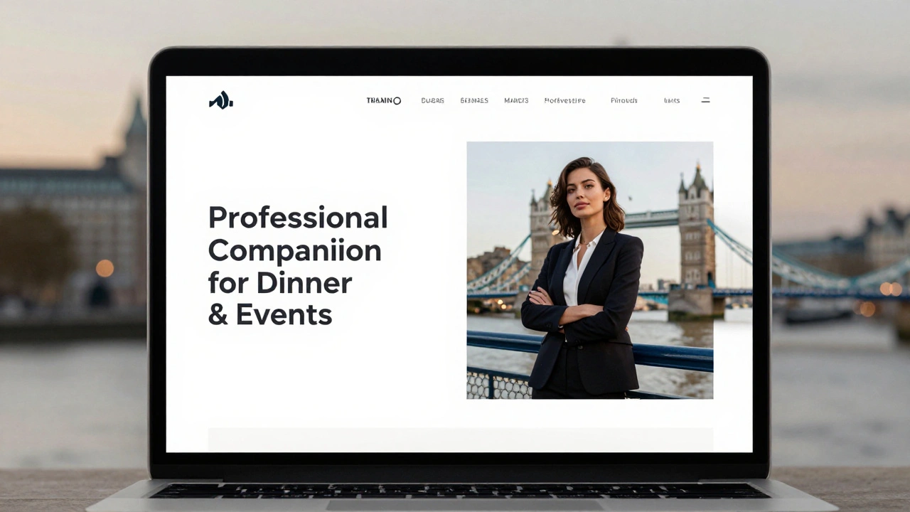 A professional companion&#039;s discreet website on a laptop with elegant London backdrop.