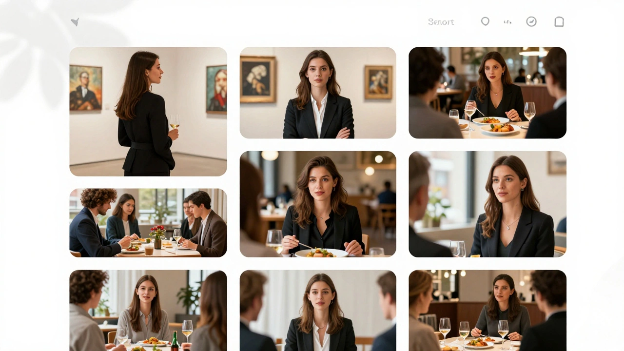 A professional escort's verified profile with multiple images showing her at cultural and business events.