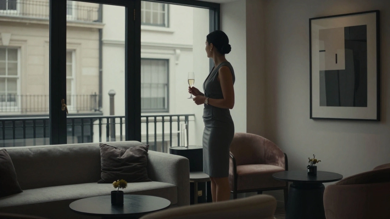 A professionally dressed woman in a private London lounge, standing near a window with art and luxury furnishings.