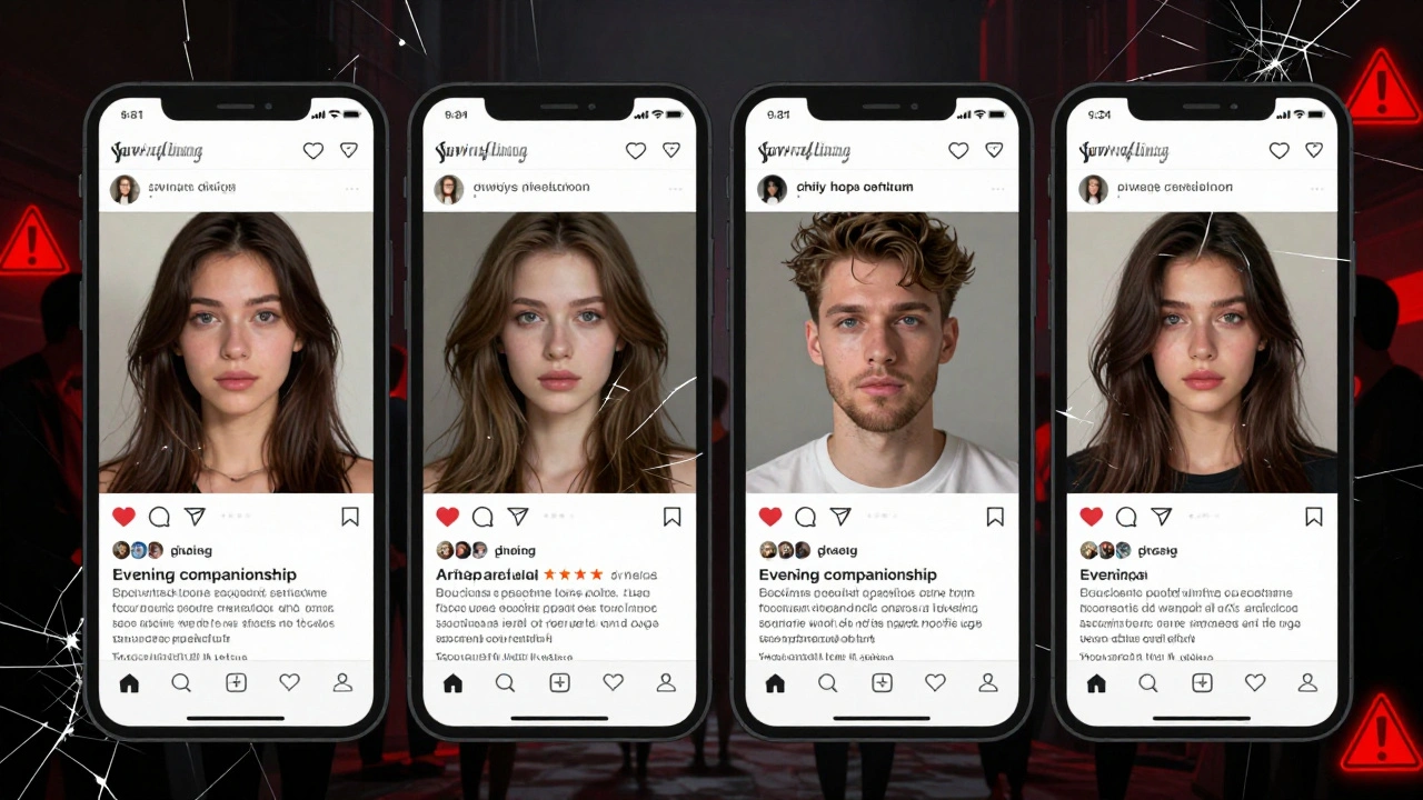 A smartphone screen displaying fake escort ads with AI-generated faces and warning symbols.