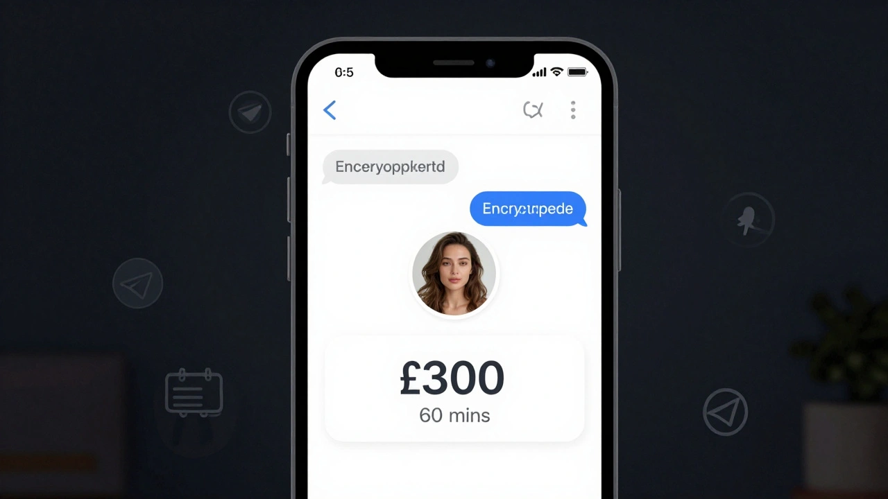 A smartphone screen displays an encrypted chat with clear pricing and a natural-profile photo, no text visible.