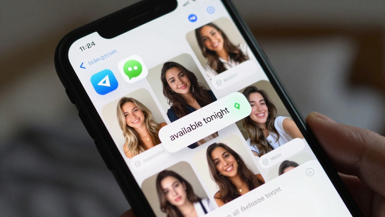 A smartphone screen showing multiple encrypted messages and stock photos related to illegal escort ads.