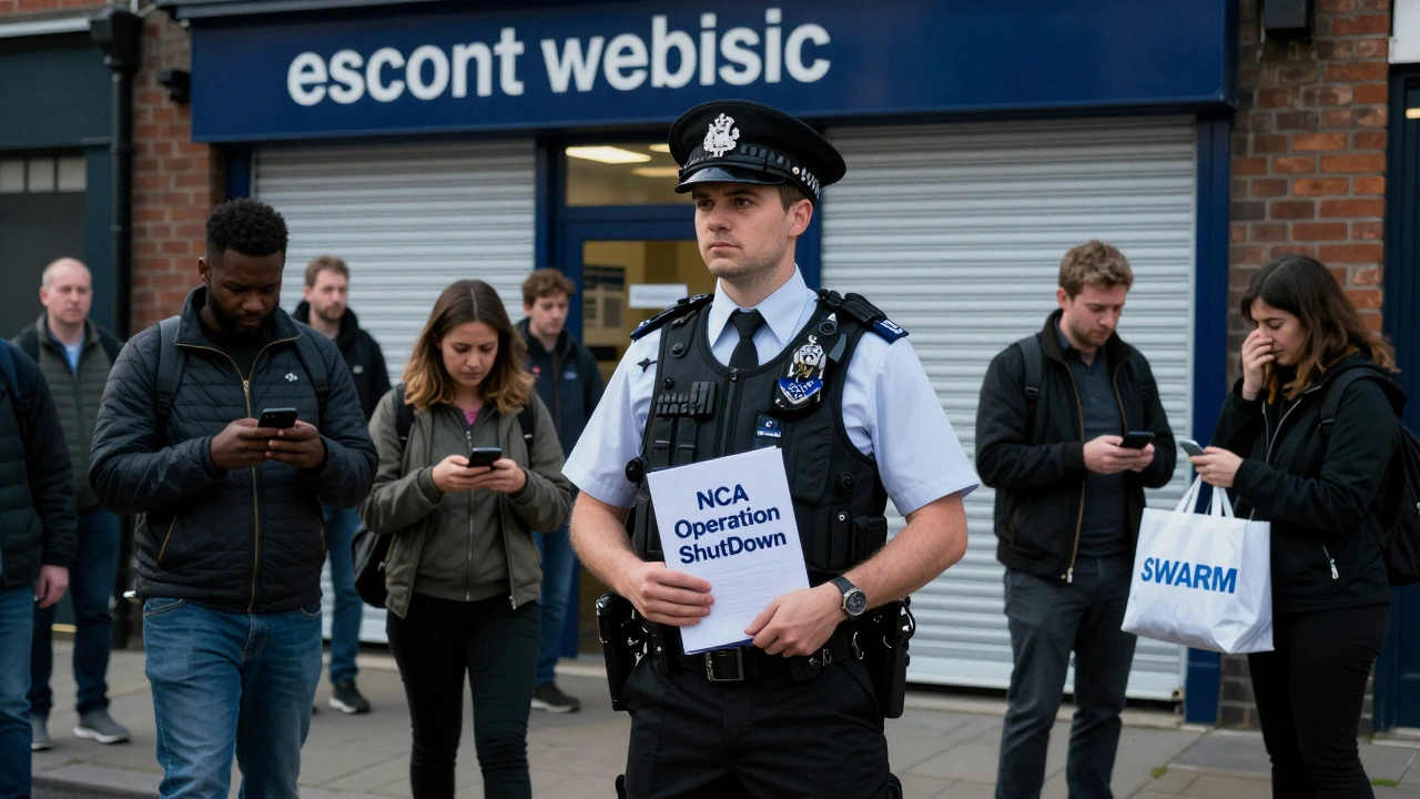 A UK police officer outside a closed escort service office, with people choosing help over exploitation.