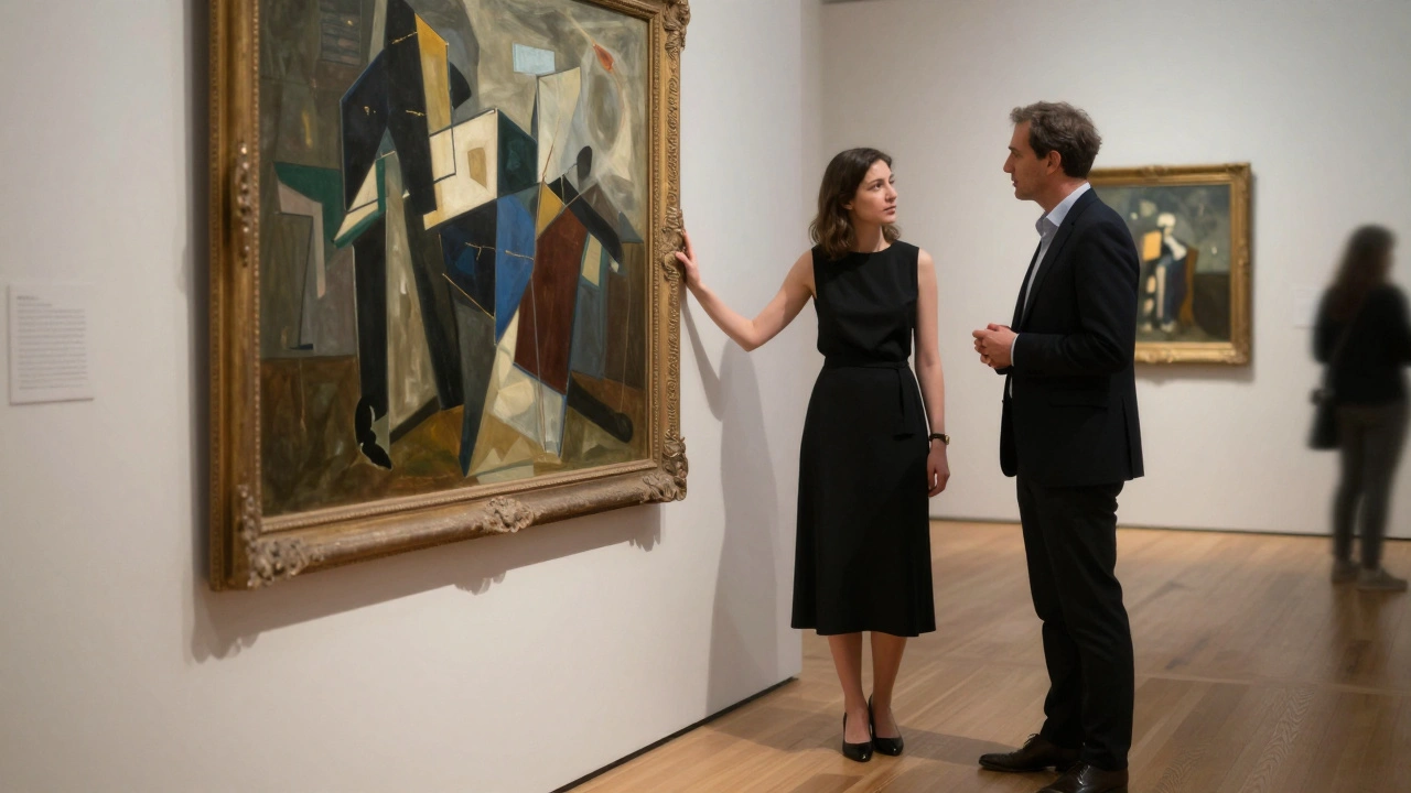 A woman and client quietly engaging with art in a Chelsea gallery, sharing a thoughtful moment.