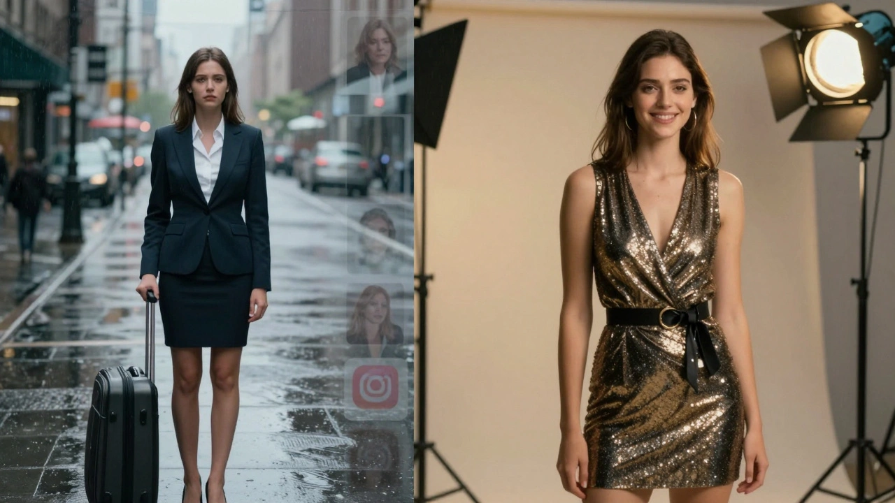 A woman in professional attire on a rainy street, contrasted with her staged photo shoot under studio lights.