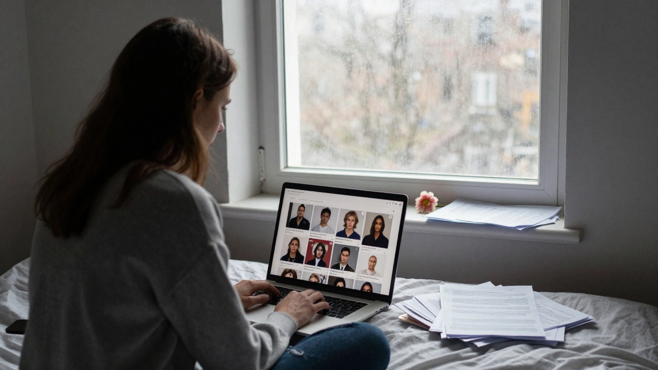 A woman sits alone in a London flat, staring at stolen photos used in illegal escort ads.