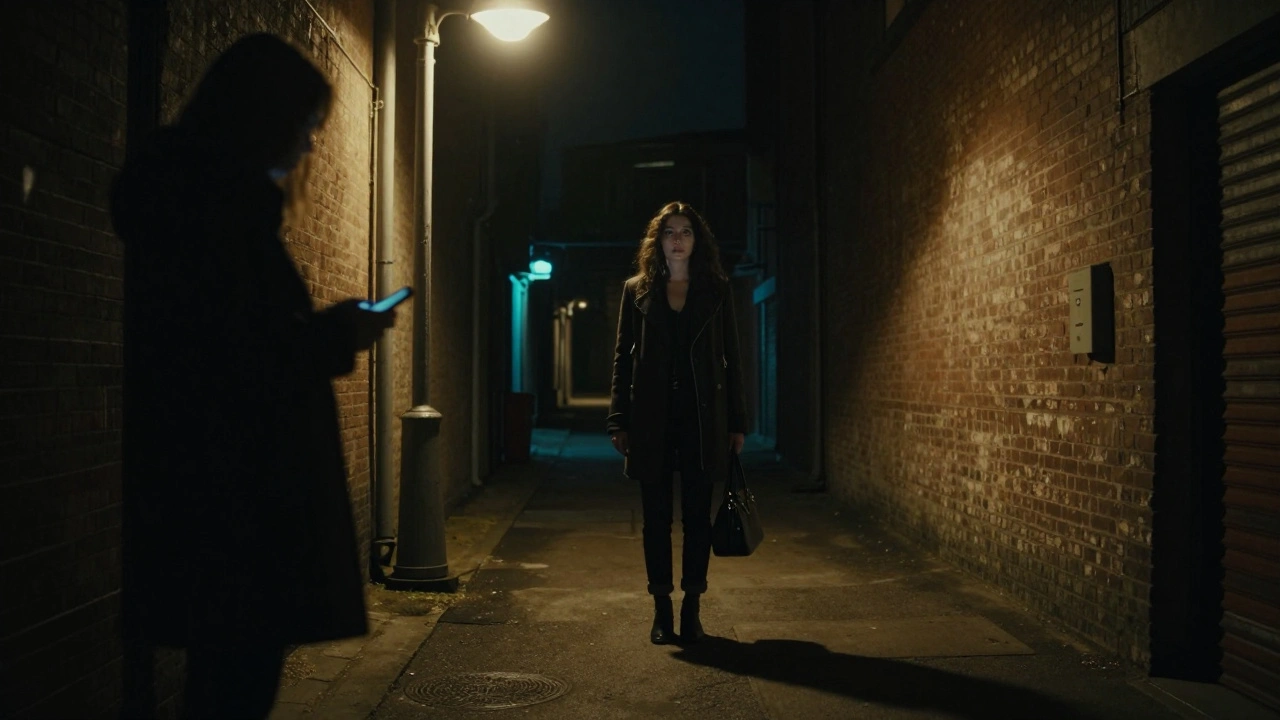 A woman standing alone in a dimly lit alley at night, with a shadowy figure approaching.
