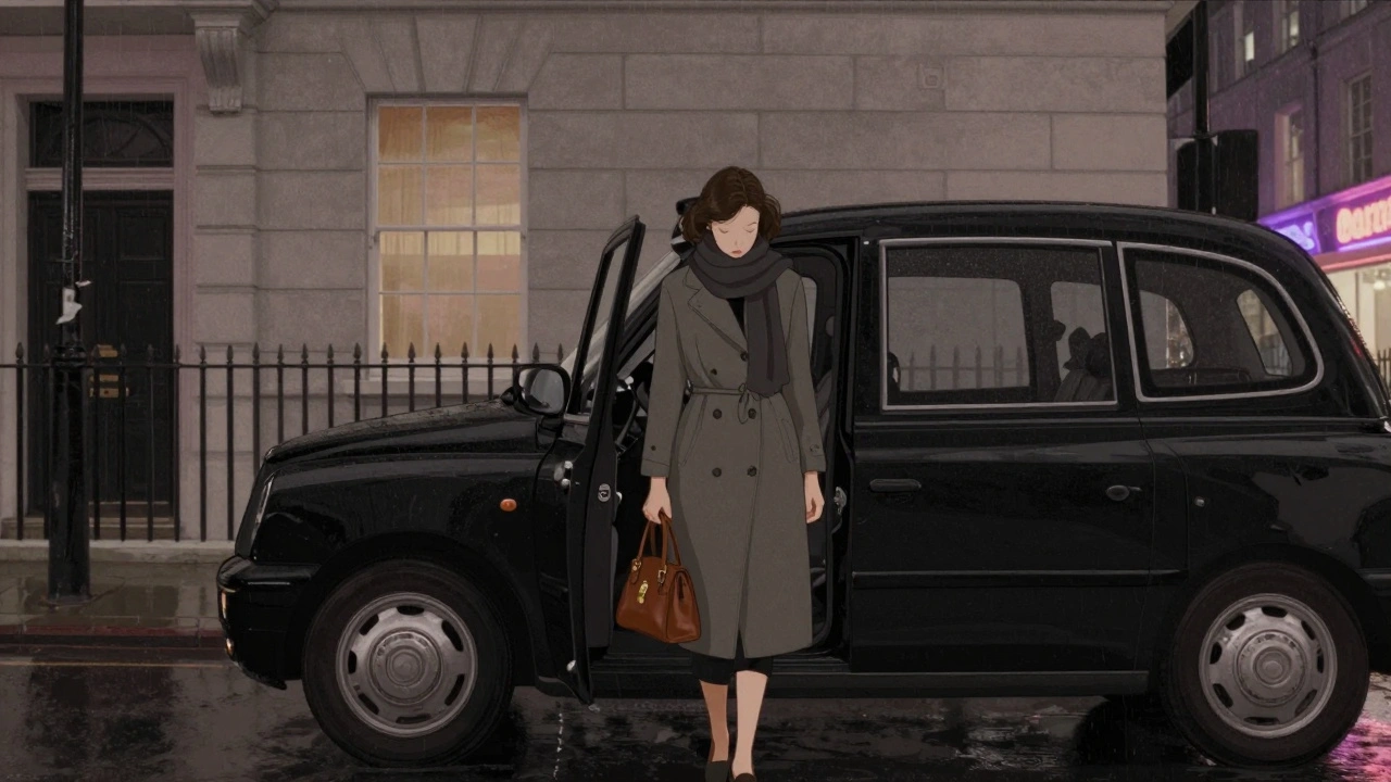 A woman stepping out of a cab in Belgravia at night, her face hidden, near a discreet building.