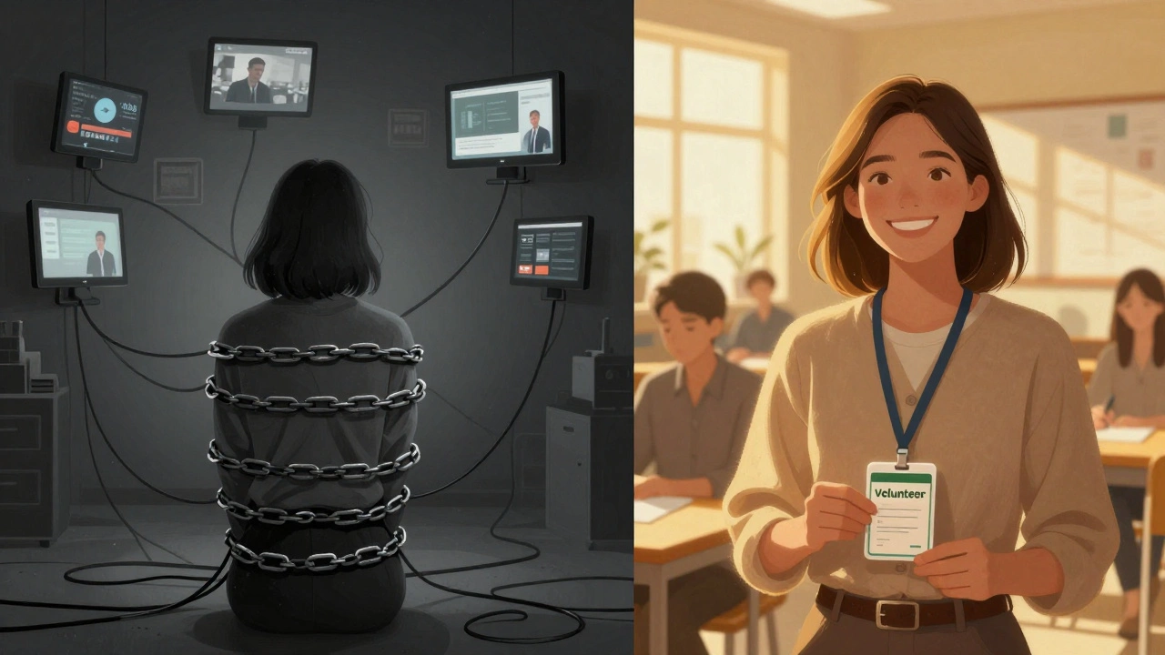 A woman trapped by digital chains on one side, free in a community center on the other.